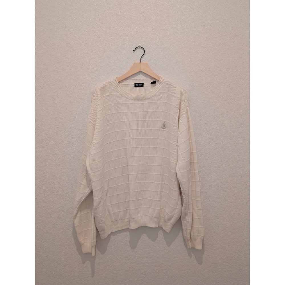 IZOD Mens Crewneck Sweater Cream Textured Grid Knit Long Sleeve Logo XL